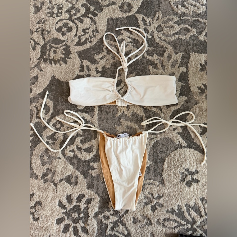 Zara Cream and Tan Removable-Strap Two-Piece Bikini
